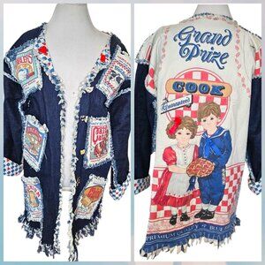 Vintage Farmcore Womens Small Denim Frayed‎ Patchwork Jacket Cows Upcycled